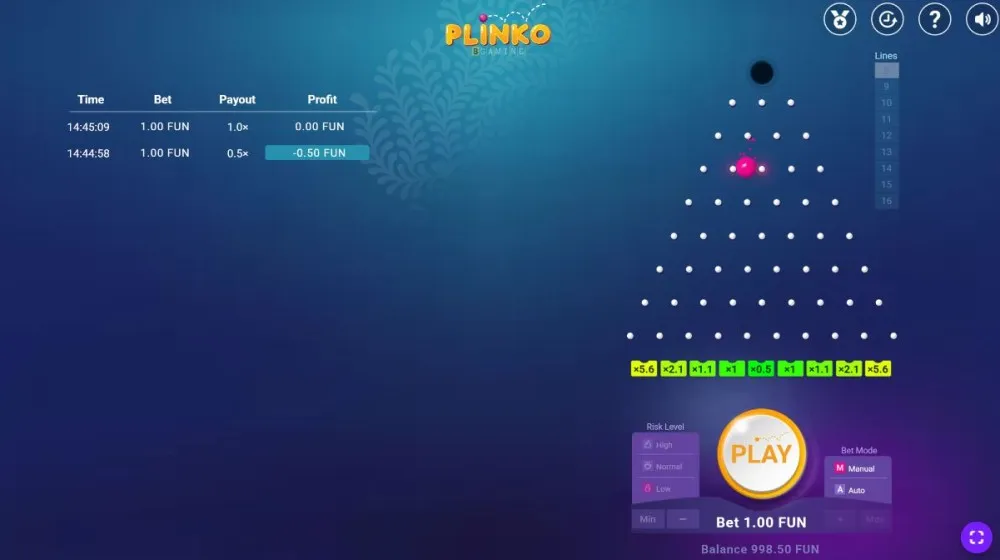Panel de apuestas de Plinko